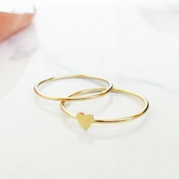 14K Gold Filled Heart Ring & Minimalist Stacking Rings, Set of 2 Dainty Rings - Picture 1 of 4